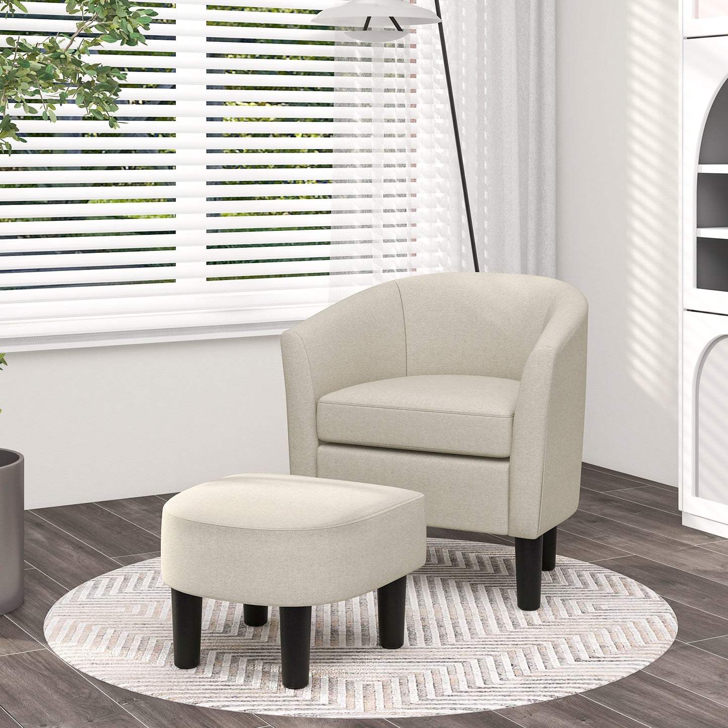 Linen Upholstered Barrel Accent Chair with Matching Ottoman, Beige
