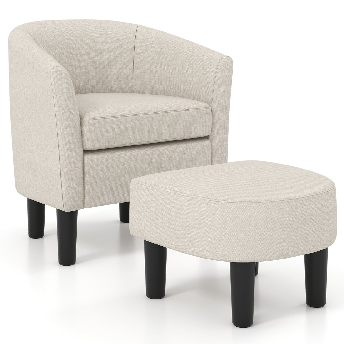 Linen Upholstered Barrel Accent Chair with Matching Ottoman, Beige