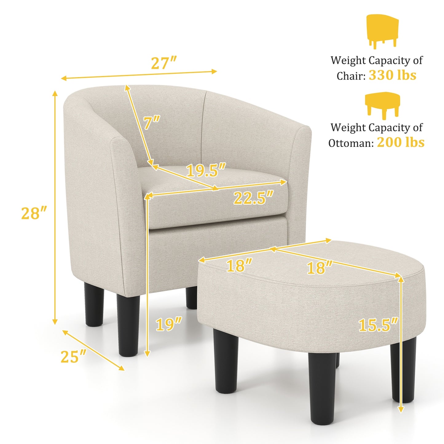 Linen Upholstered Barrel Accent Chair with Matching Ottoman, Beige