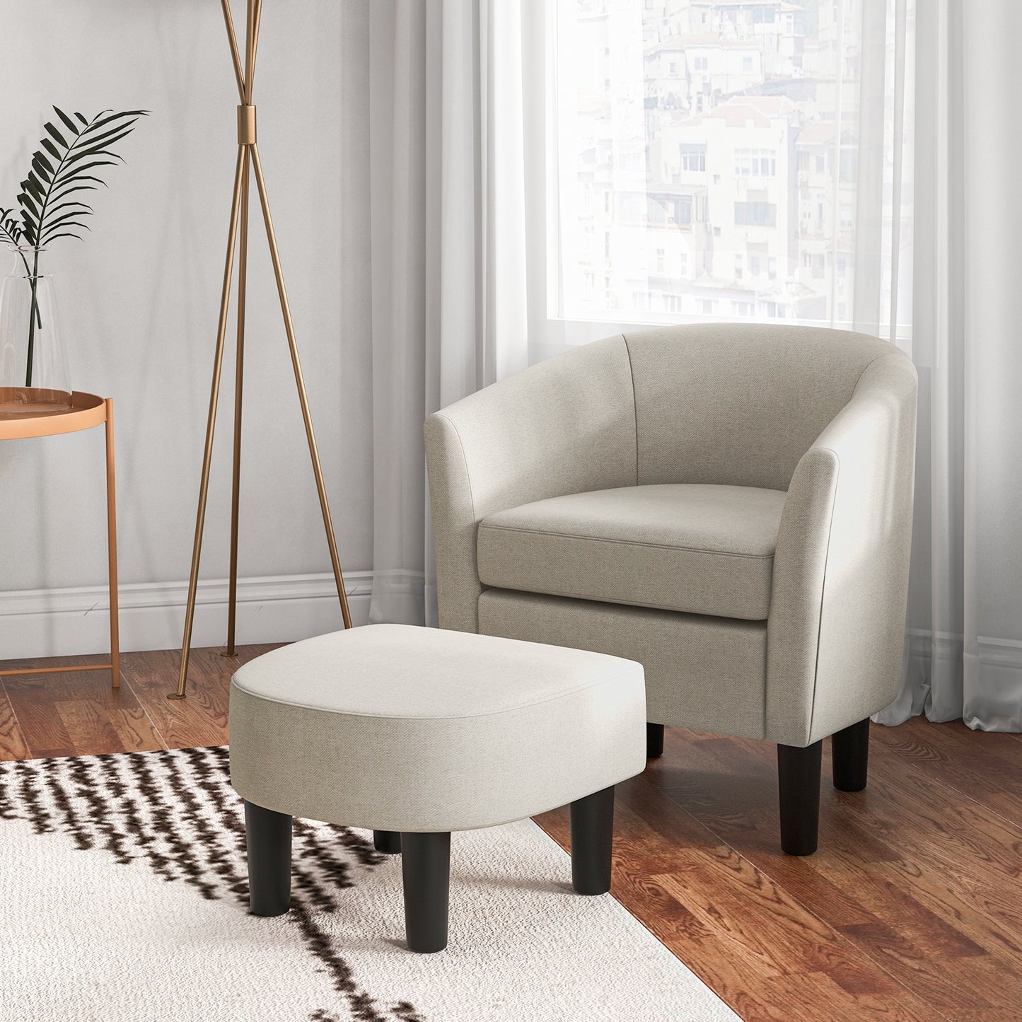 Linen Upholstered Barrel Accent Chair with Matching Ottoman, Beige