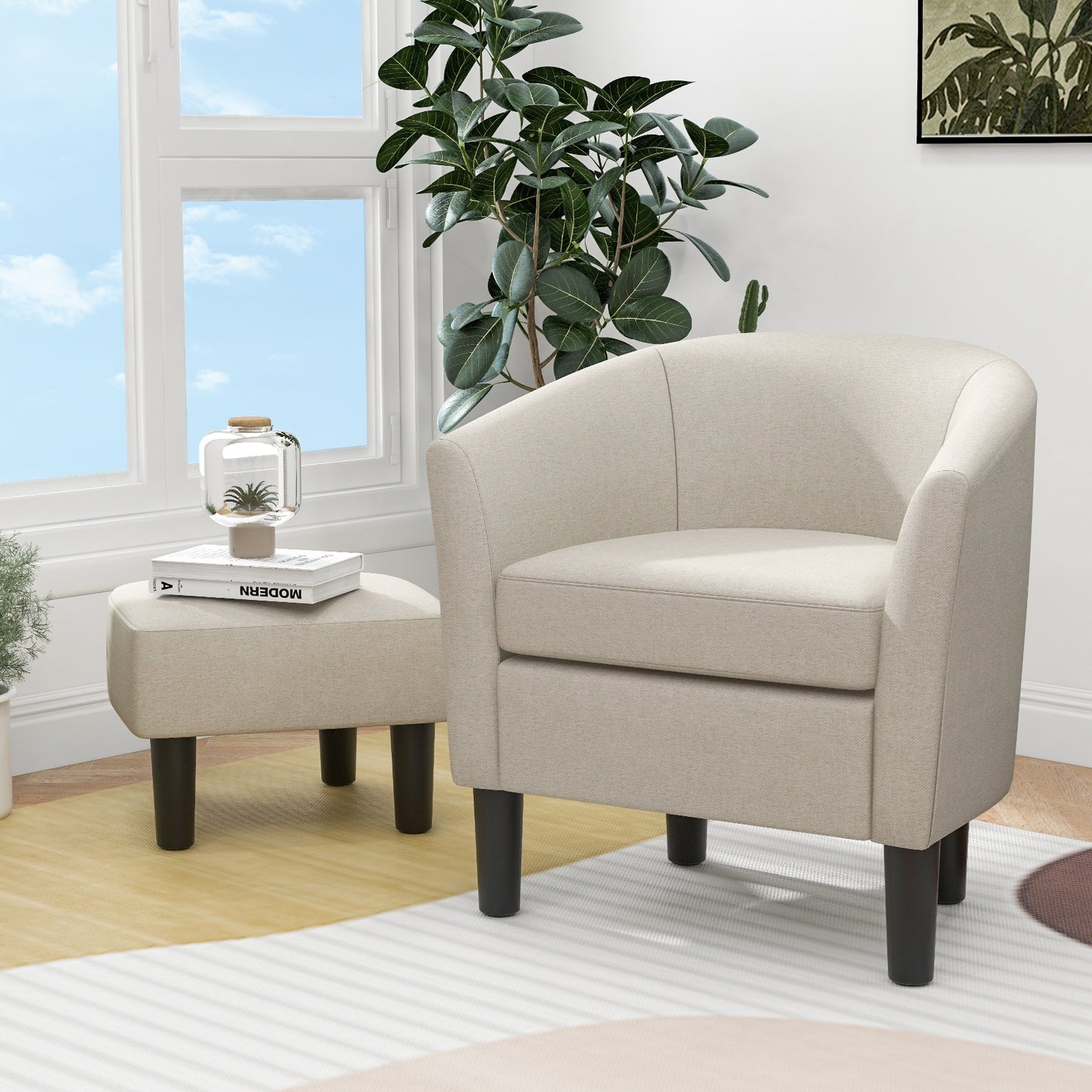 Linen Upholstered Barrel Accent Chair with Matching Ottoman, Beige