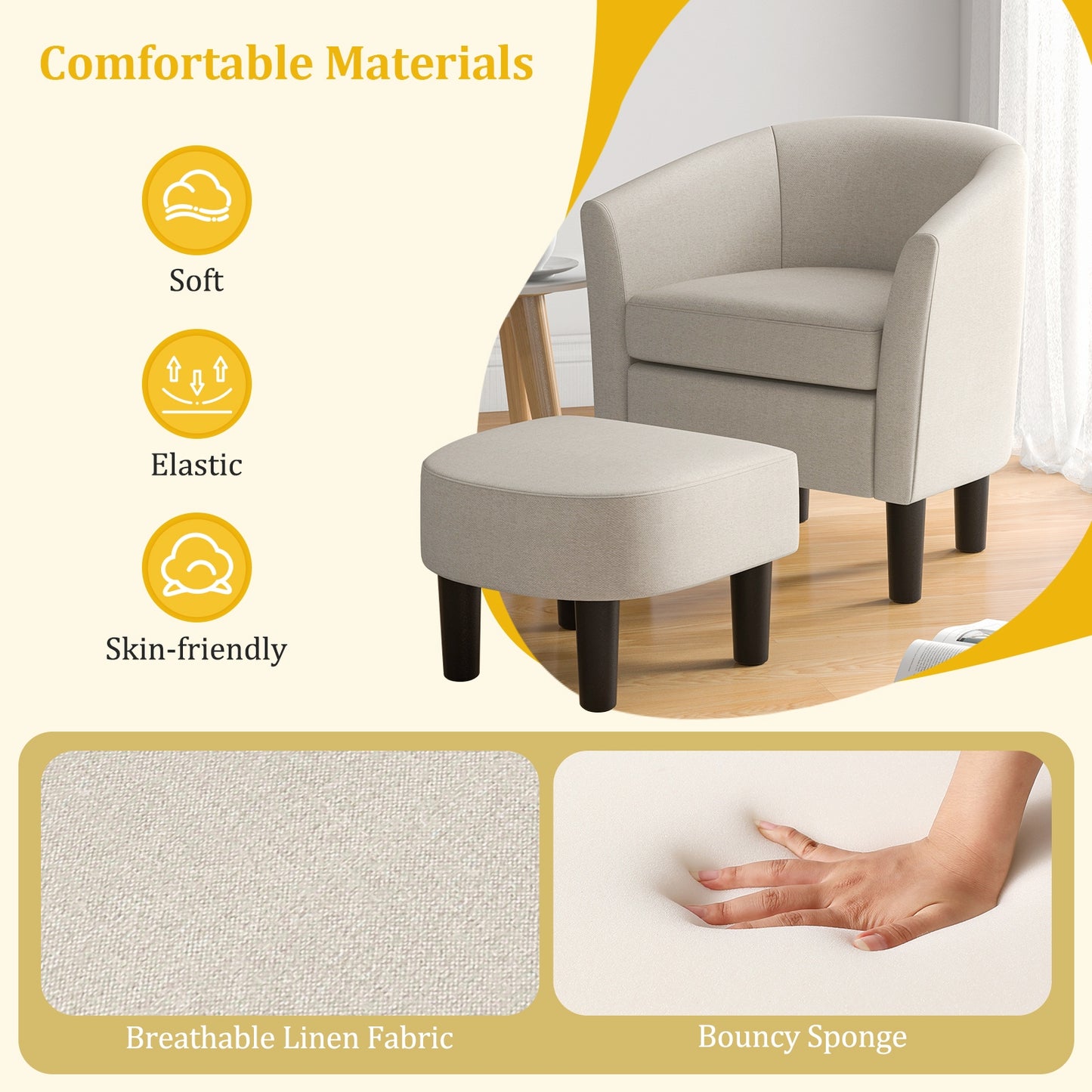 Linen Upholstered Barrel Accent Chair with Matching Ottoman, Beige