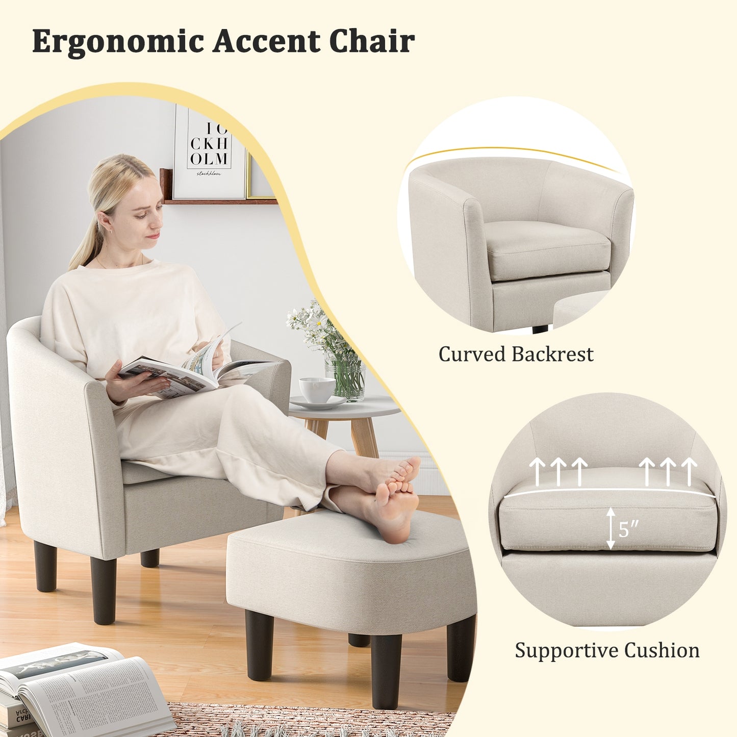Linen Upholstered Barrel Accent Chair with Matching Ottoman, Beige