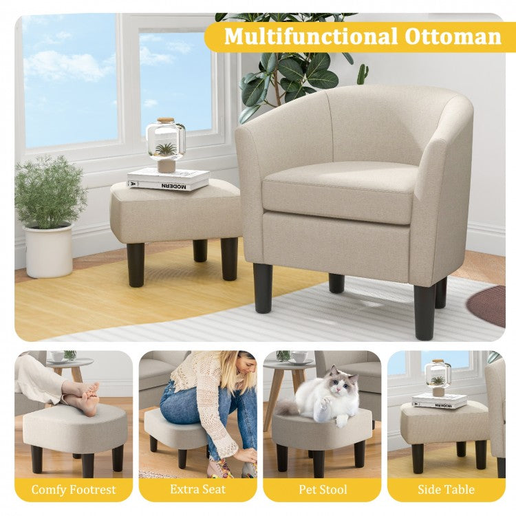 Linen Upholstered Barrel Accent Chair with Matching Ottoman, Beige