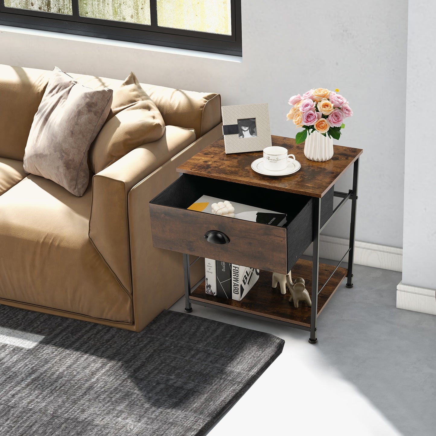 2-Tier Nightstand with Open Storage Shelf, Modern Side Table for Bedroom or Living Room