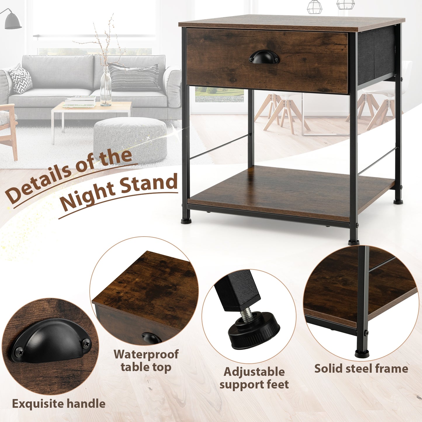 2-Tier Nightstand with Open Storage Shelf, Modern Side Table for Bedroom or Living Room
