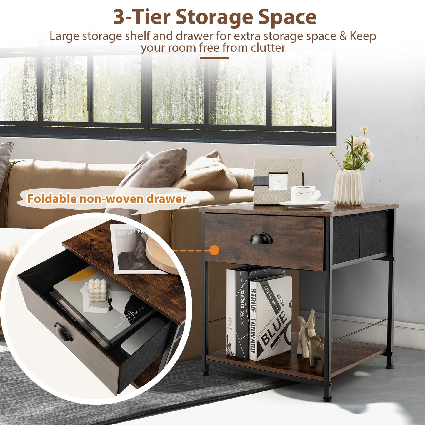 2-Tier Nightstand with Open Storage Shelf, Modern Side Table for Bedroom or Living Room