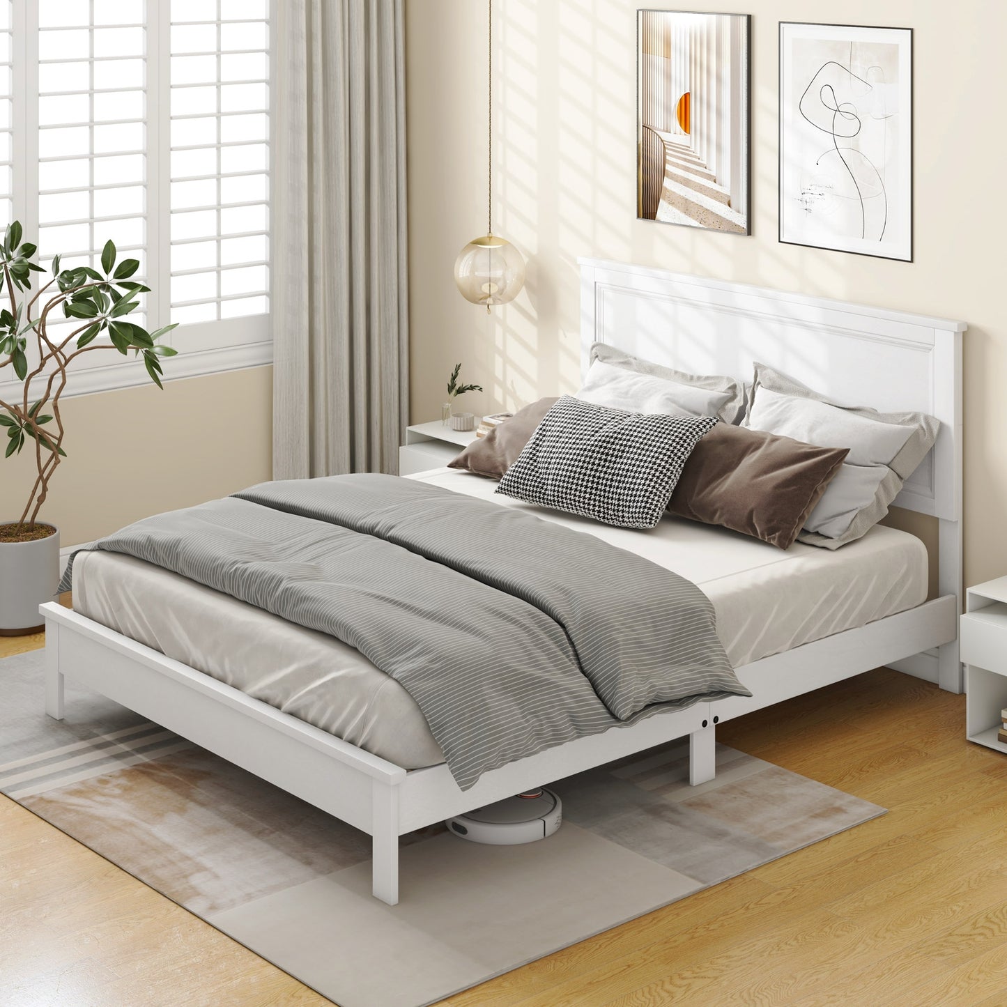 Premium Queen Size Platform Bed Frame with High Headboard and Slatted Base – White