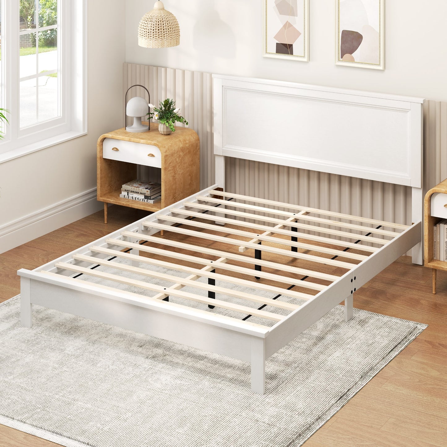 Premium Queen Size Platform Bed Frame with High Headboard and Slatted Base – White