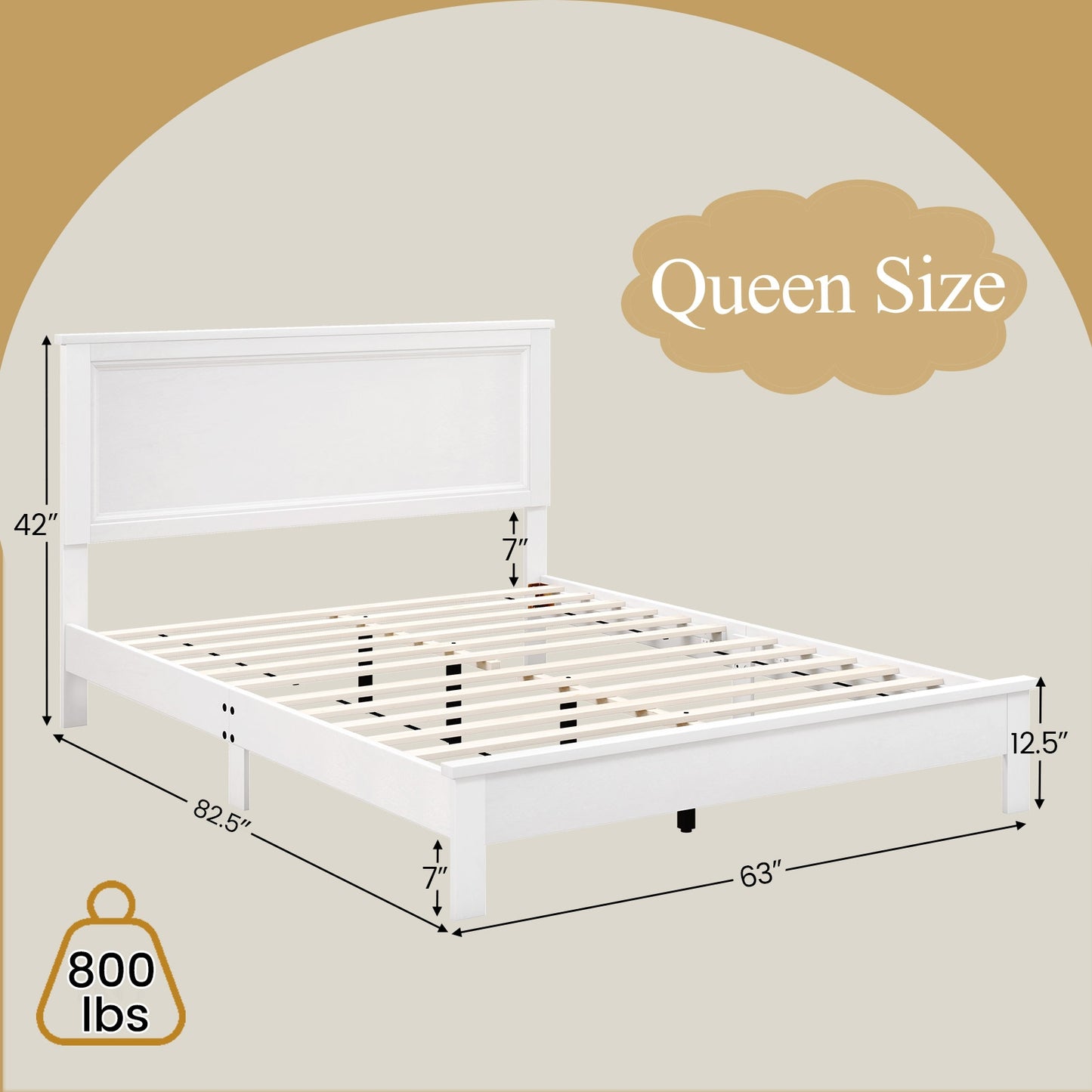 Premium Queen Size Platform Bed Frame with High Headboard and Slatted Base – White