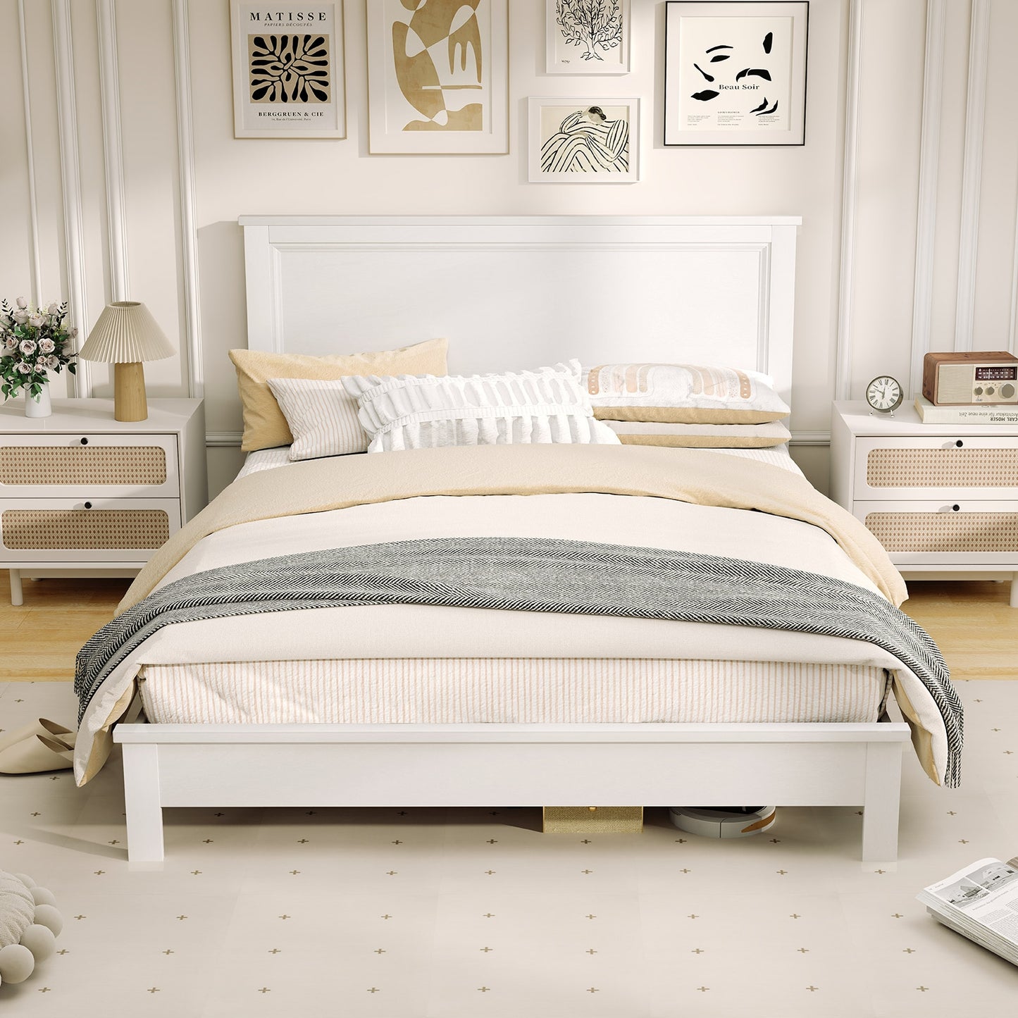 Premium Queen Size Platform Bed Frame with High Headboard and Slatted Base – White