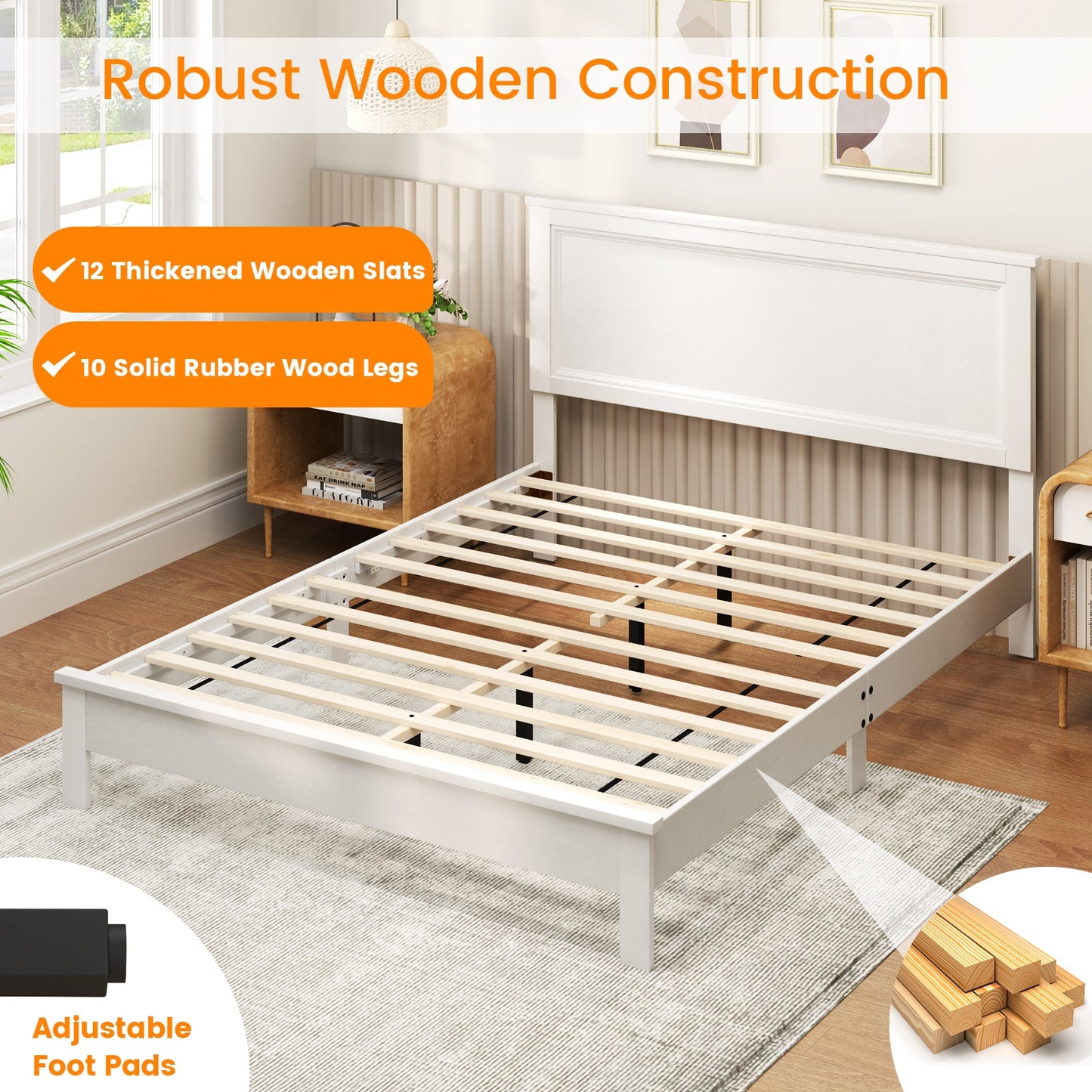Premium Queen Size Platform Bed Frame with High Headboard and Slatted Base – White
