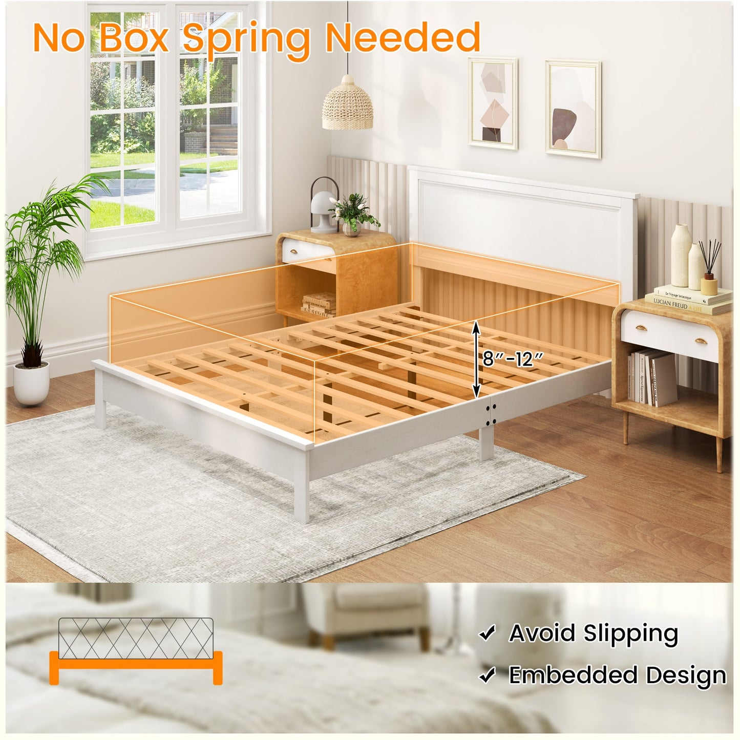 Premium Queen Size Platform Bed Frame with High Headboard and Slatted Base – White