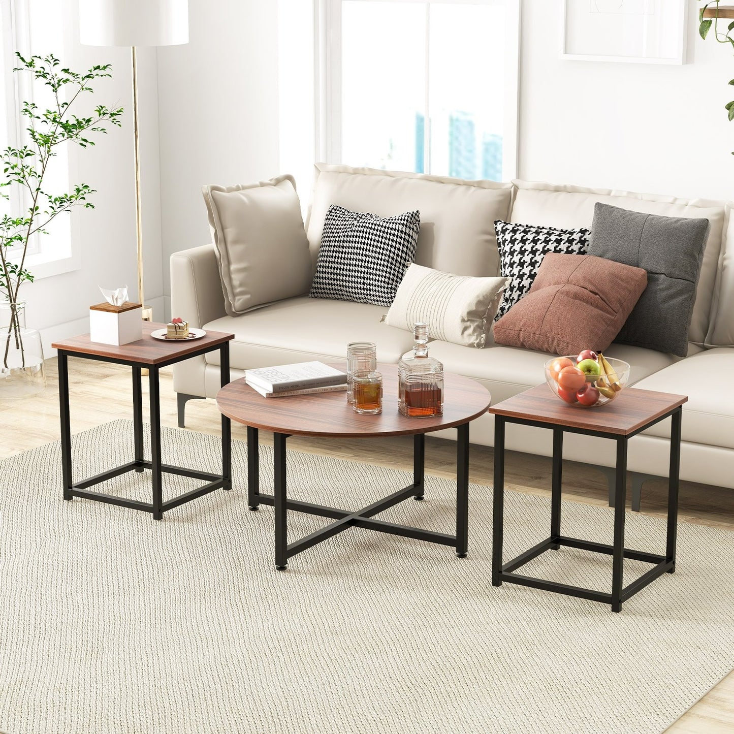 Modern 3-Piece Living Room Table Set with Round Coffee Table and Matching Square Side Tables - Walnut & Black