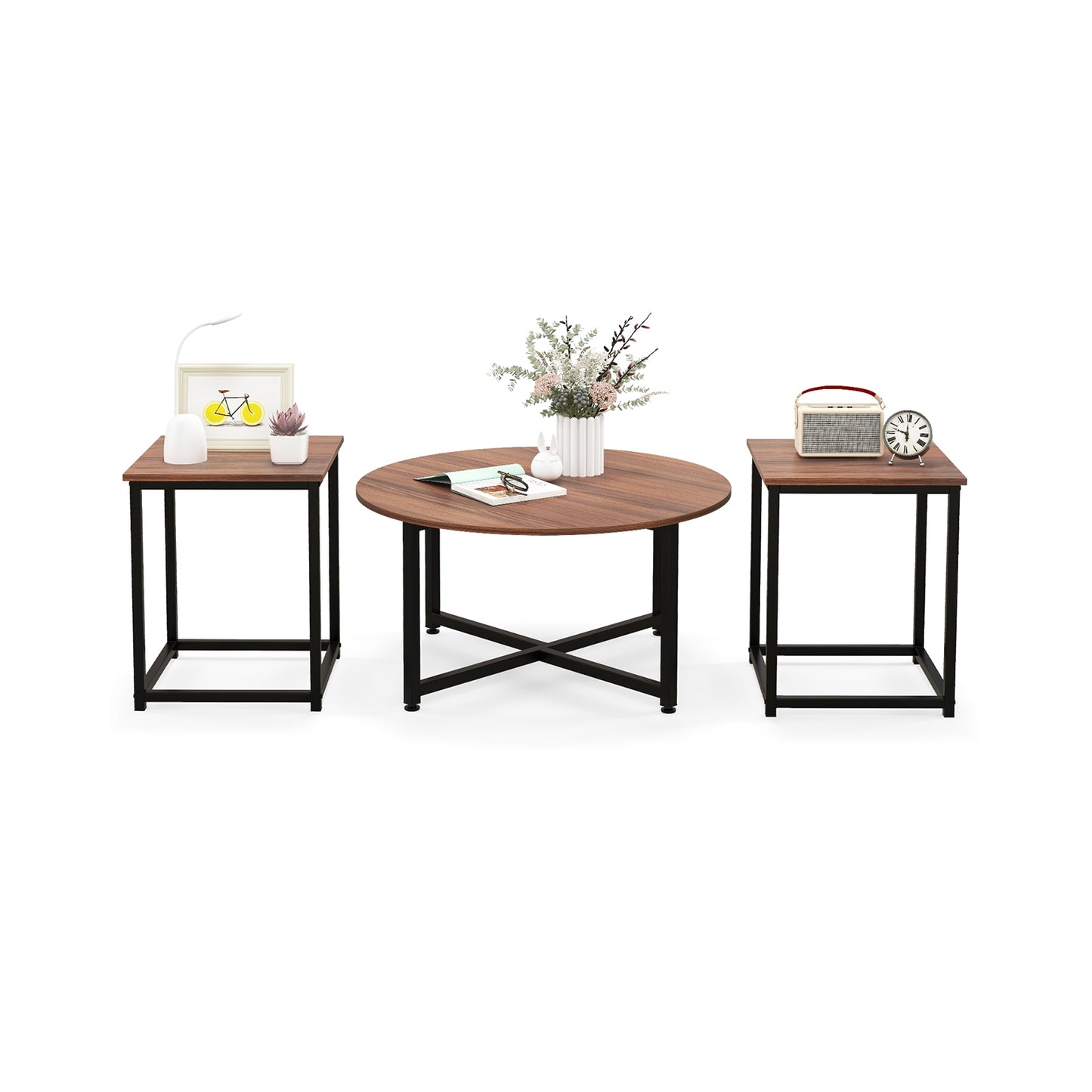 Modern 3-Piece Living Room Table Set with Round Coffee Table and Matching Square Side Tables - Walnut & Black