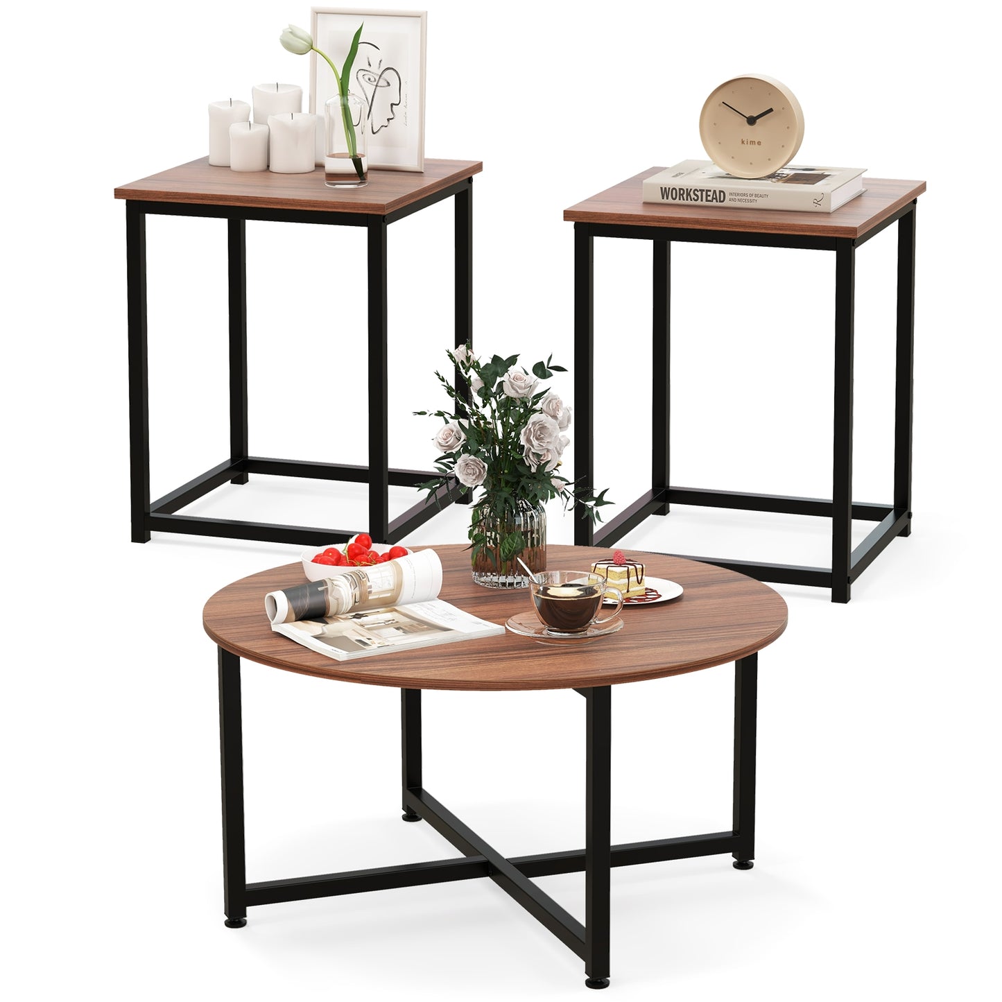 Modern 3-Piece Living Room Table Set with Round Coffee Table and Matching Square Side Tables - Walnut & Black