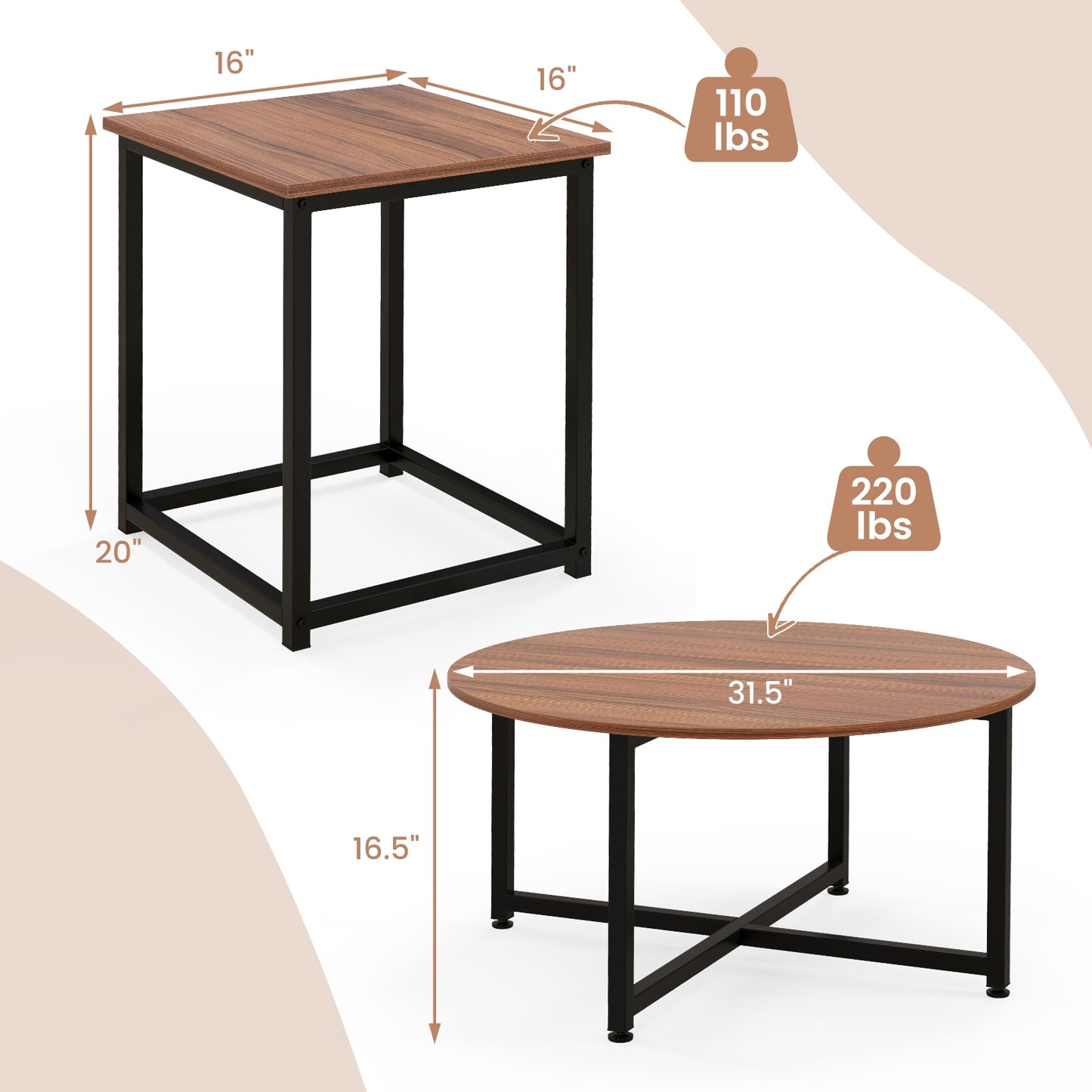 Modern 3-Piece Living Room Table Set with Round Coffee Table and Matching Square Side Tables - Walnut & Black