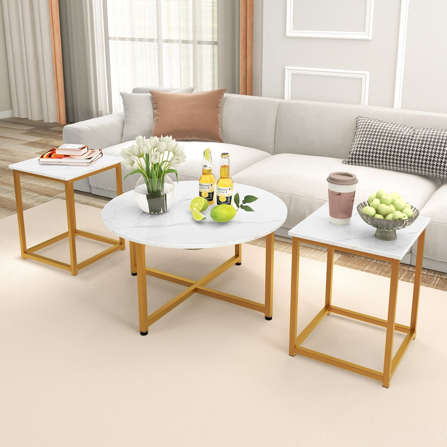 Modern 3-Piece Living Room Table Set with Round Coffee Table and Matching Square Side Tables - White & Gold