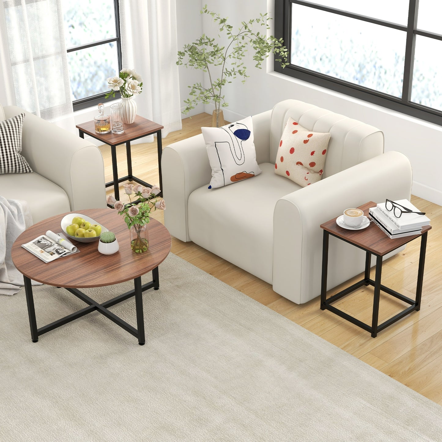 Modern 3-Piece Living Room Table Set with Round Coffee Table and Matching Square Side Tables - Walnut & Black