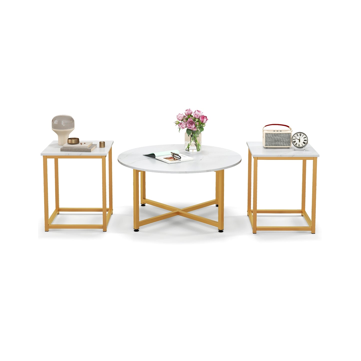 Modern 3-Piece Living Room Table Set with Round Coffee Table and Matching Square Side Tables - White & Gold