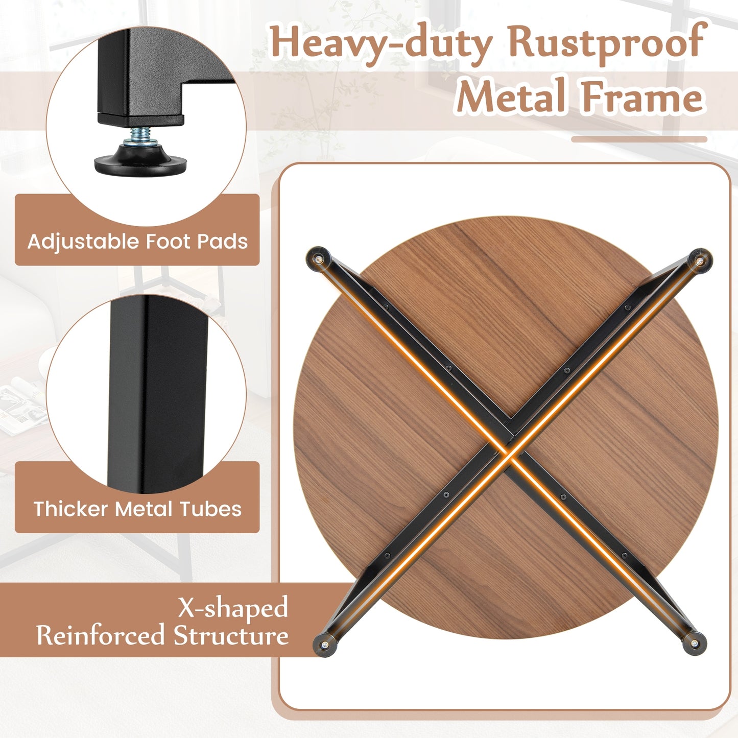 Modern 3-Piece Living Room Table Set with Round Coffee Table and Matching Square Side Tables - Walnut & Black