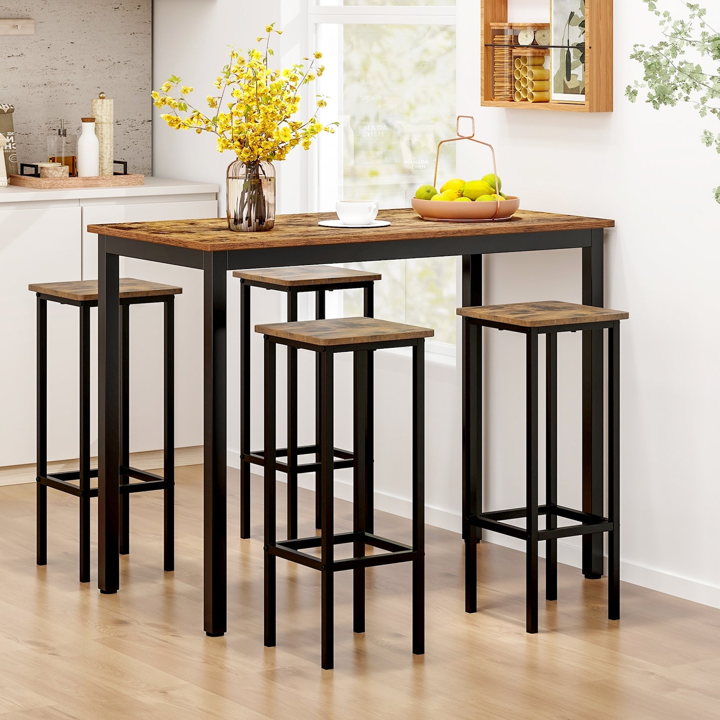 Industrial Bar Stools with Metal Frame and Footrest, Set of 4