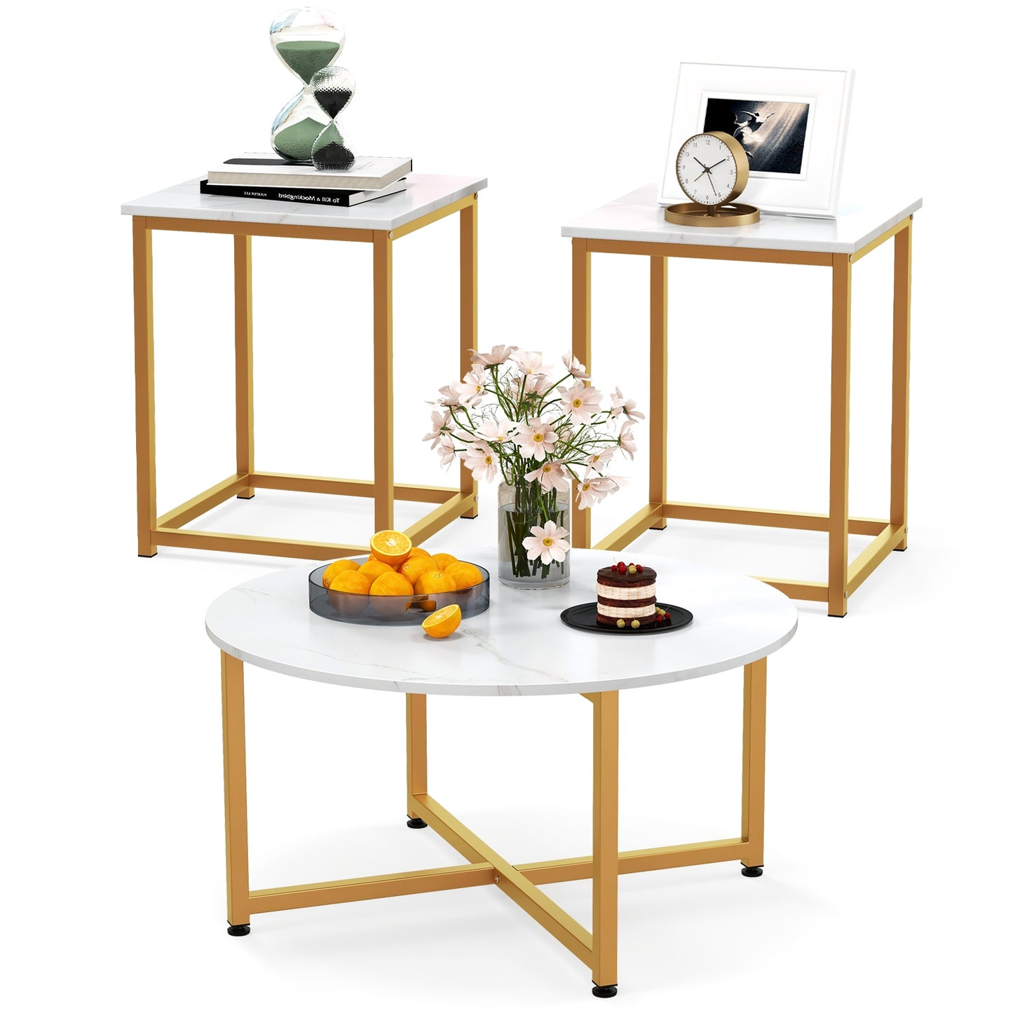 Modern 3-Piece Living Room Table Set with Round Coffee Table and Matching Square Side Tables - White & Gold
