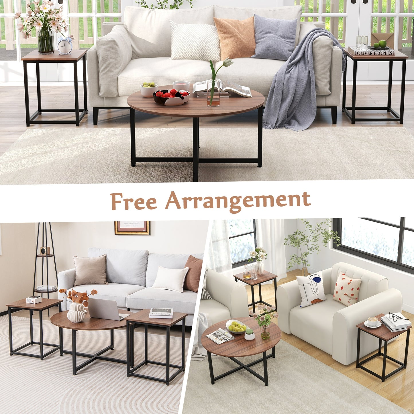 Modern 3-Piece Living Room Table Set with Round Coffee Table and Matching Square Side Tables - Walnut & Black