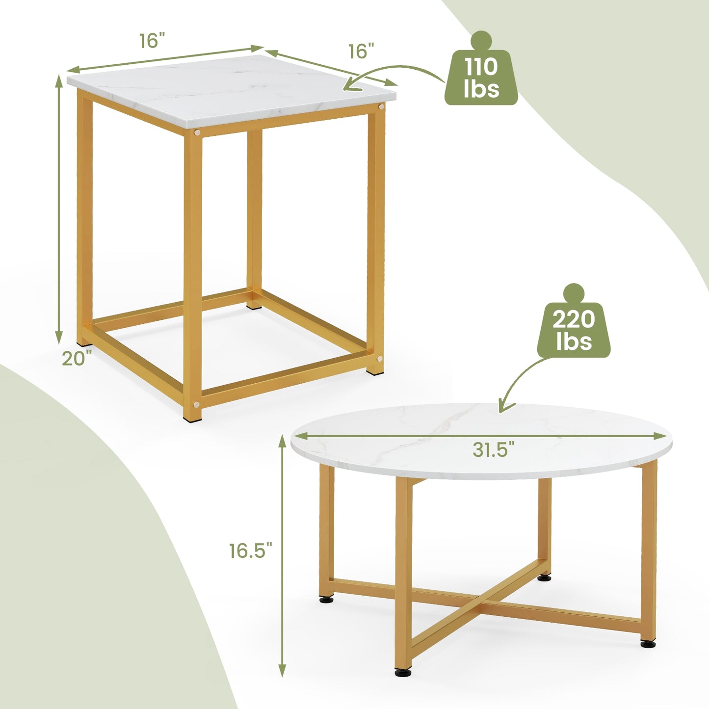 Modern 3-Piece Living Room Table Set with Round Coffee Table and Matching Square Side Tables - White & Gold