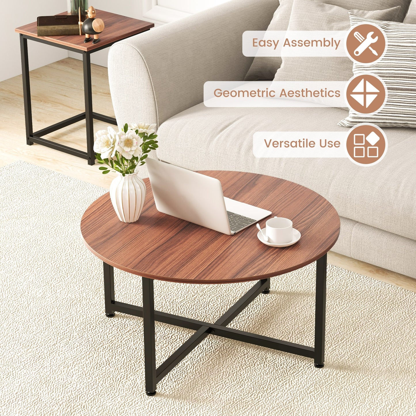 Modern 3-Piece Living Room Table Set with Round Coffee Table and Matching Square Side Tables - Walnut & Black