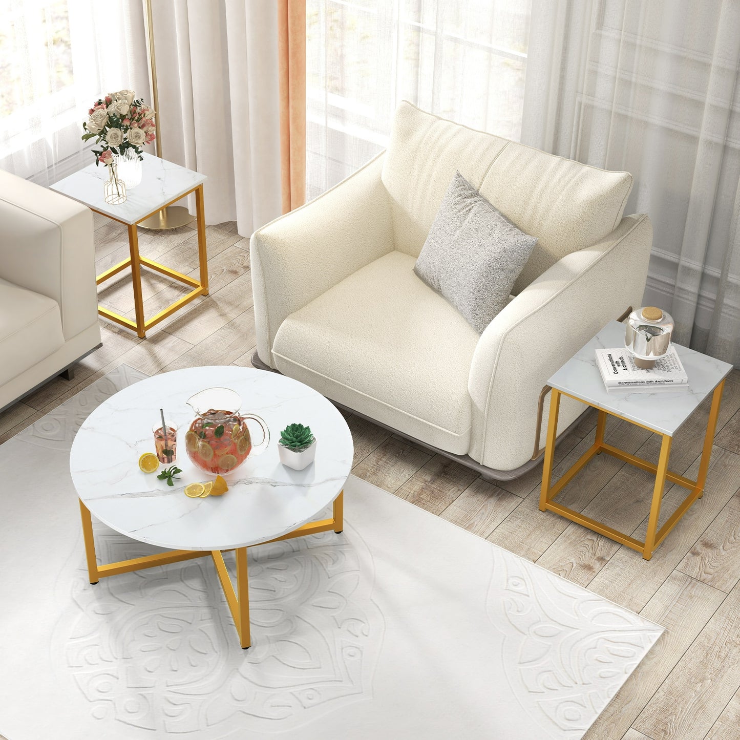 Modern 3-Piece Living Room Table Set with Round Coffee Table and Matching Square Side Tables - White & Gold
