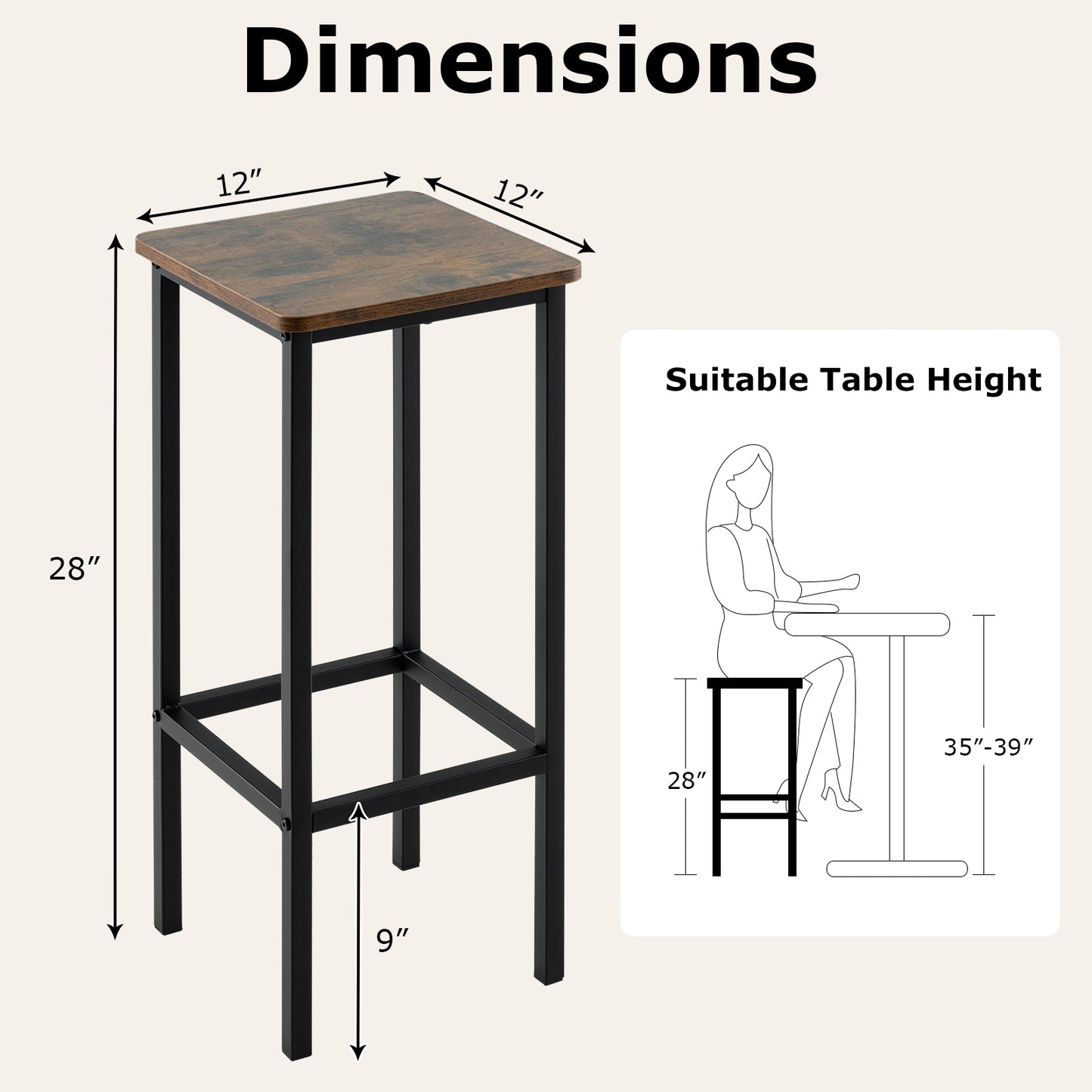 Industrial Bar Stools with Metal Frame and Footrest, Set of 4