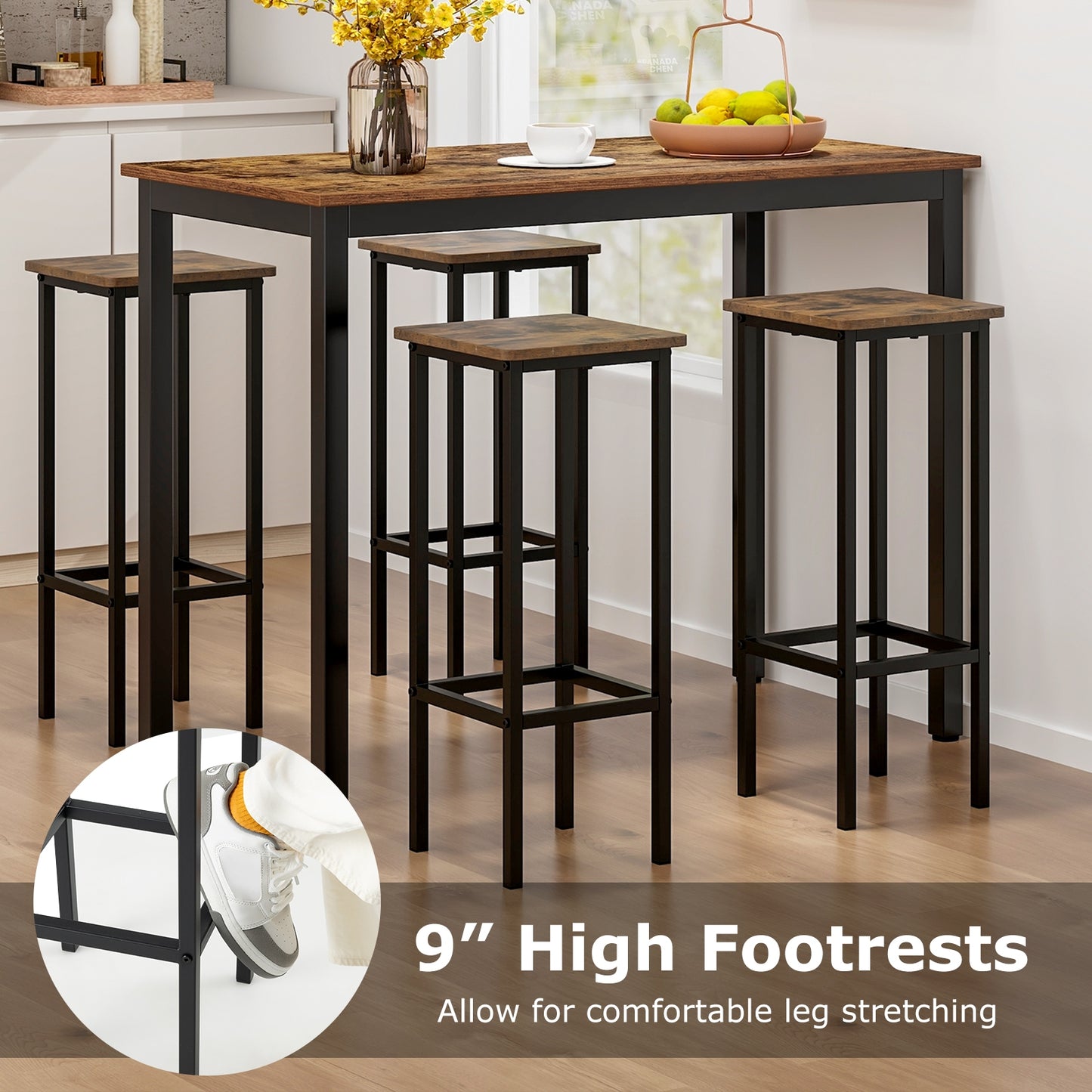 Industrial Bar Stools with Metal Frame and Footrest, Set of 4