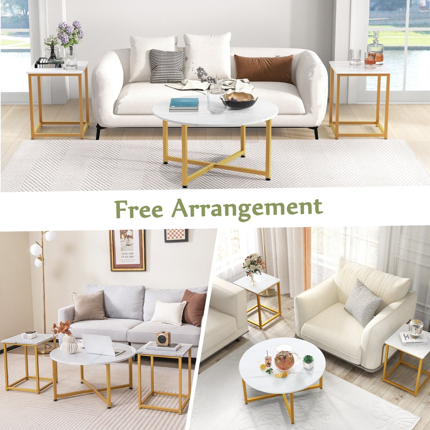 Modern 3-Piece Living Room Table Set with Round Coffee Table and Matching Square Side Tables - White & Gold
