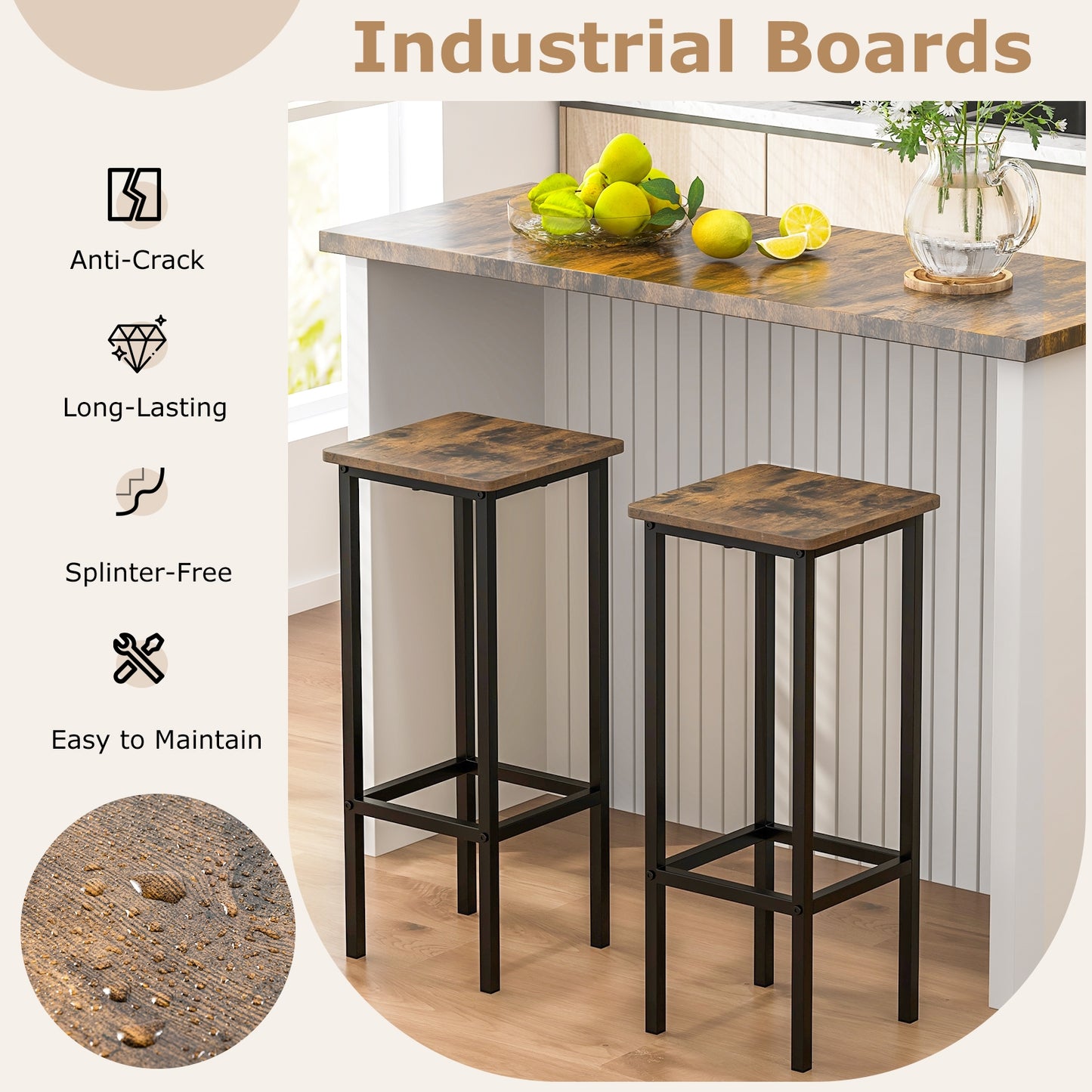 Industrial Bar Stools with Metal Frame and Footrest, Set of 4