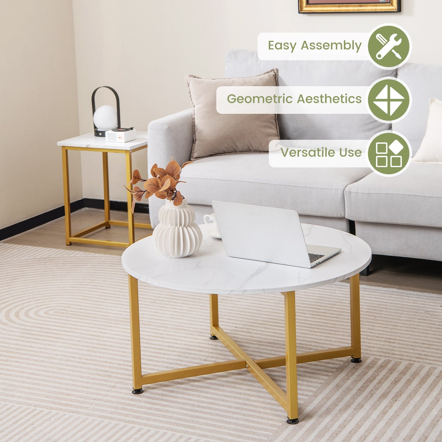 Modern 3-Piece Living Room Table Set with Round Coffee Table and Matching Square Side Tables - White & Gold
