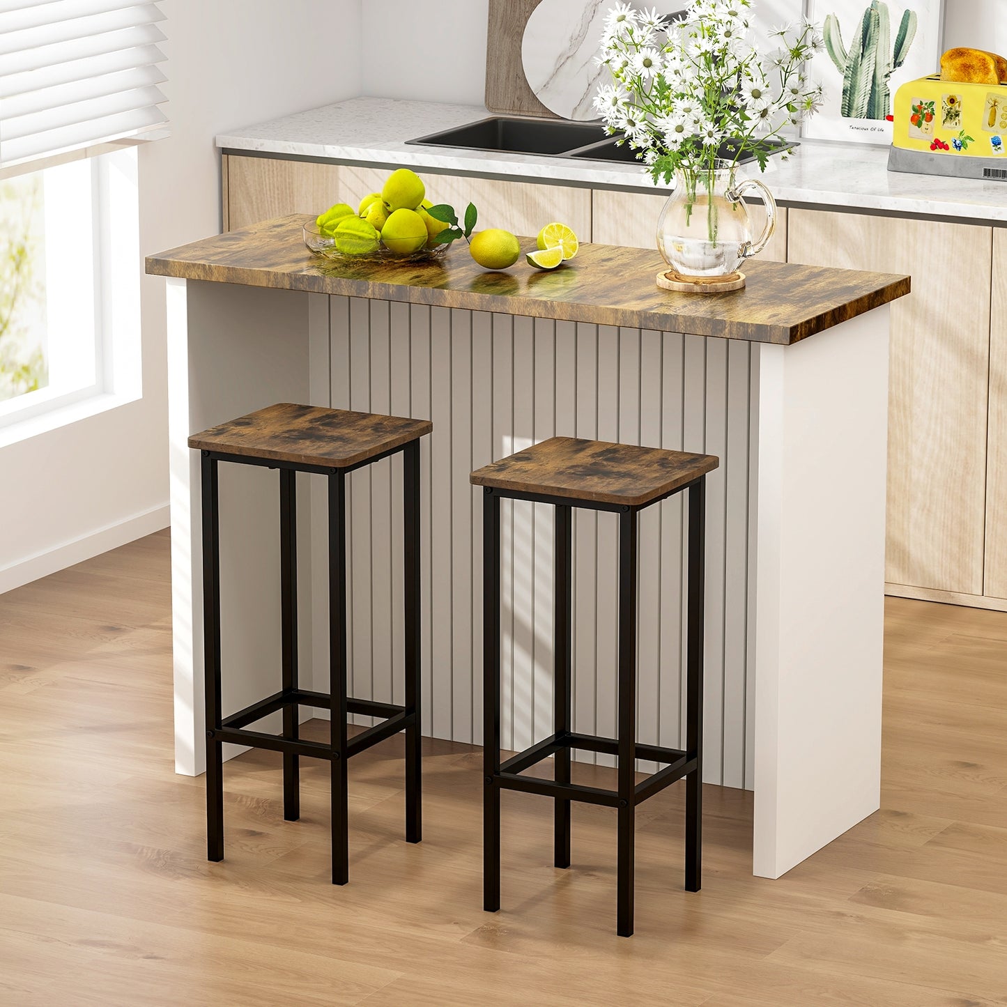 Industrial Bar Stools with Metal Frame and Footrest, Set of 4