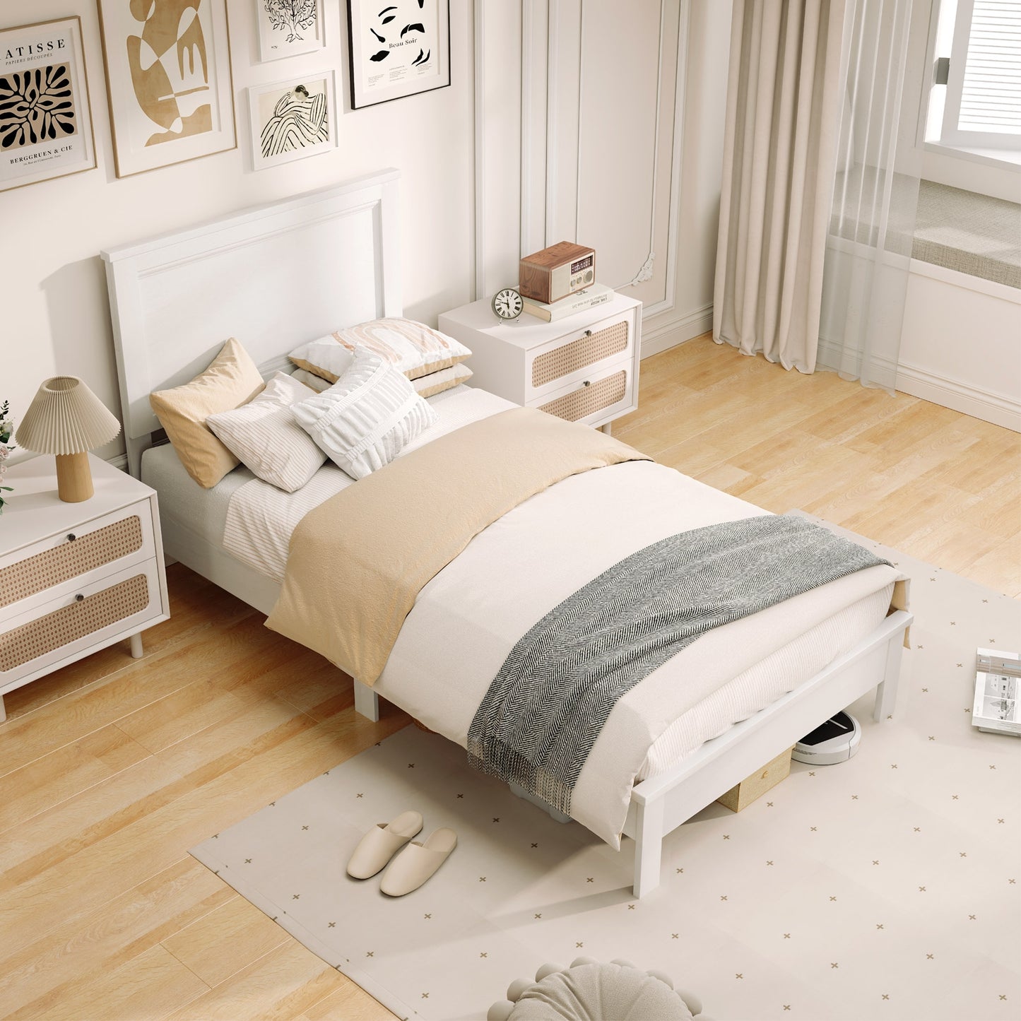 Premium Twin Size Platform Bed Frame with High Headboard and Slatted Base – White