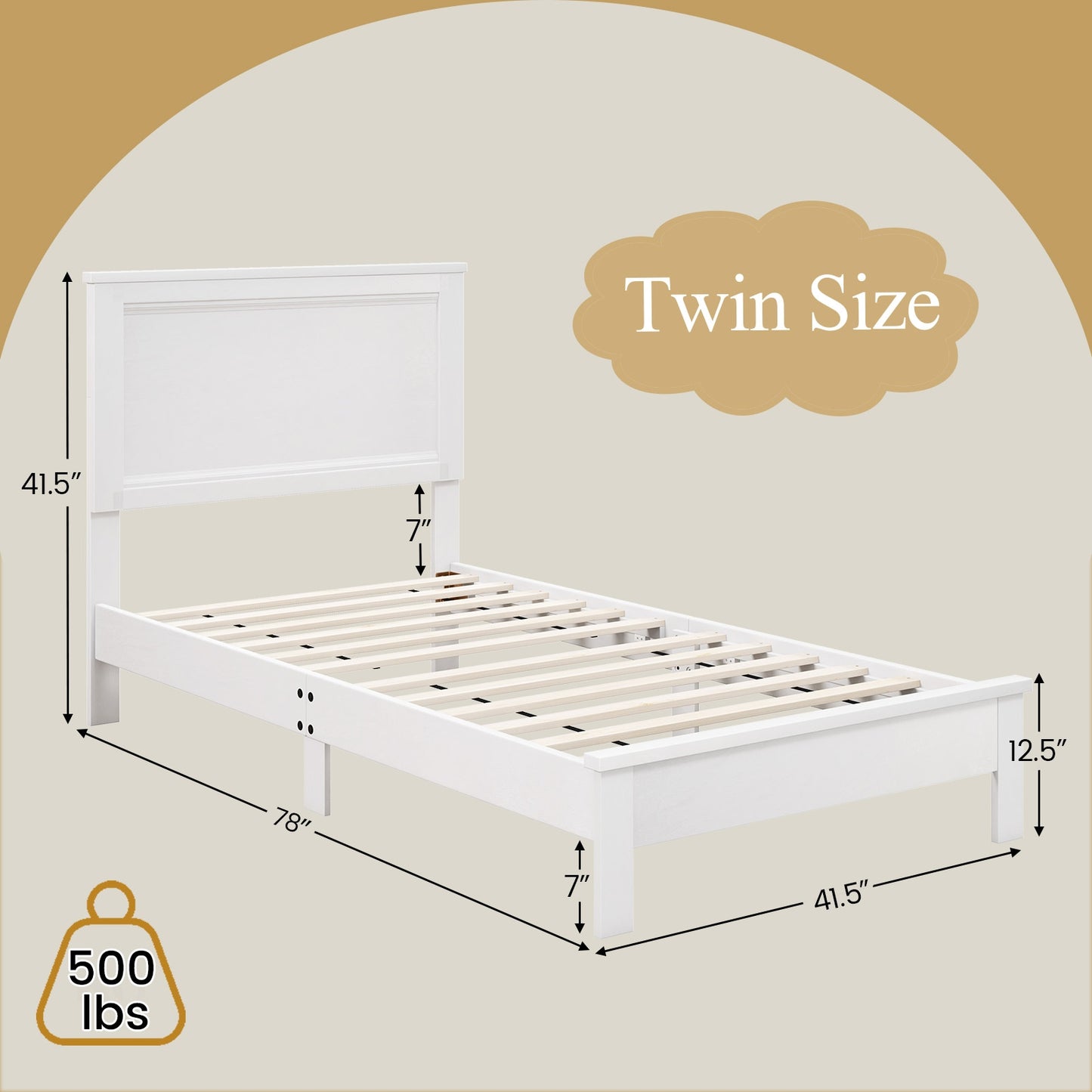 Premium Twin Size Platform Bed Frame with High Headboard and Slatted Base – White
