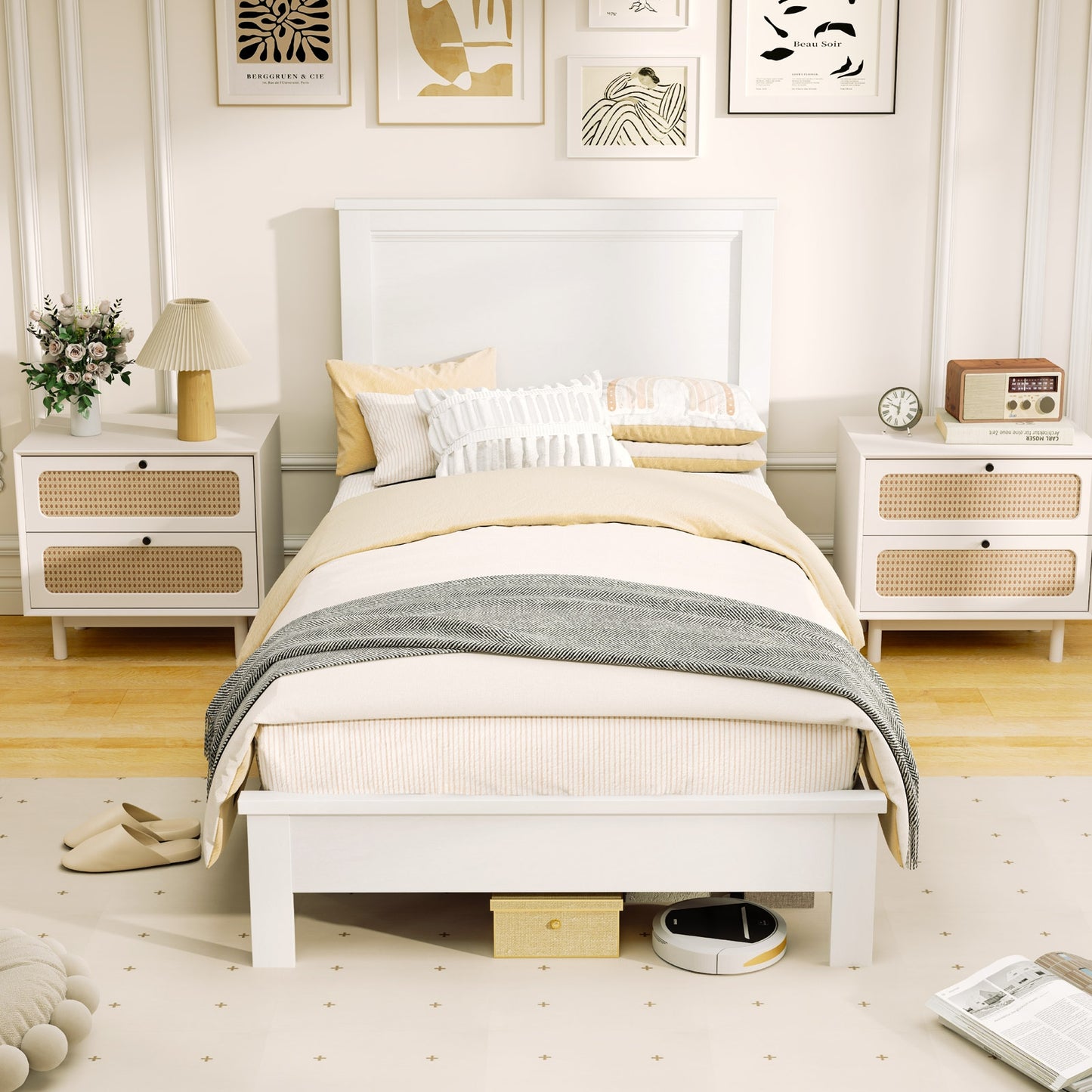 Premium Twin Size Platform Bed Frame with High Headboard and Slatted Base – White