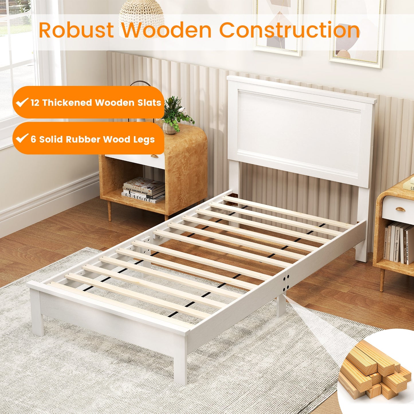 Premium Twin Size Platform Bed Frame with High Headboard and Slatted Base – White