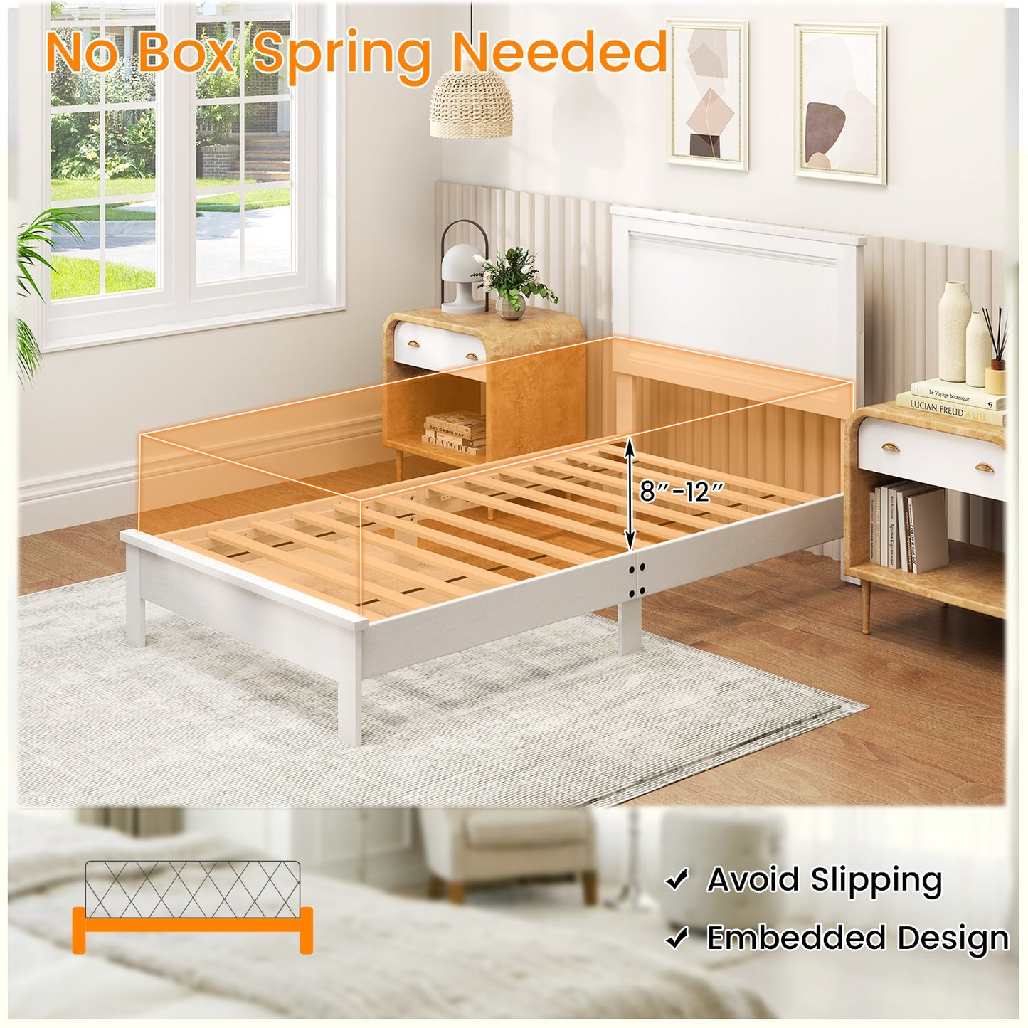 Premium Twin Size Platform Bed Frame with High Headboard and Slatted Base – White