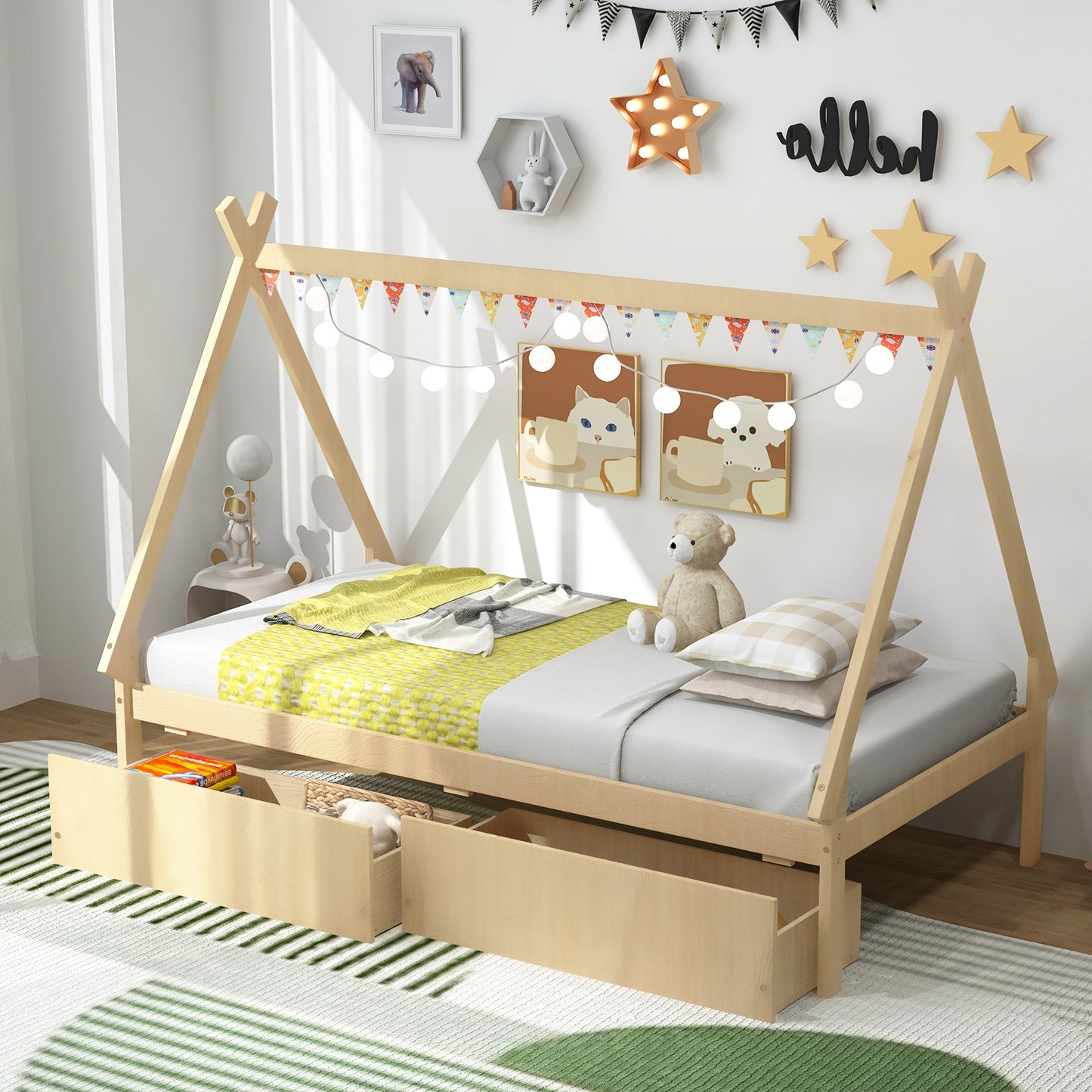 Twin Size House Bed Frame for Kids with Roof Design and 2 Storage Drawers, Solid Wood Platform Bed in Natural