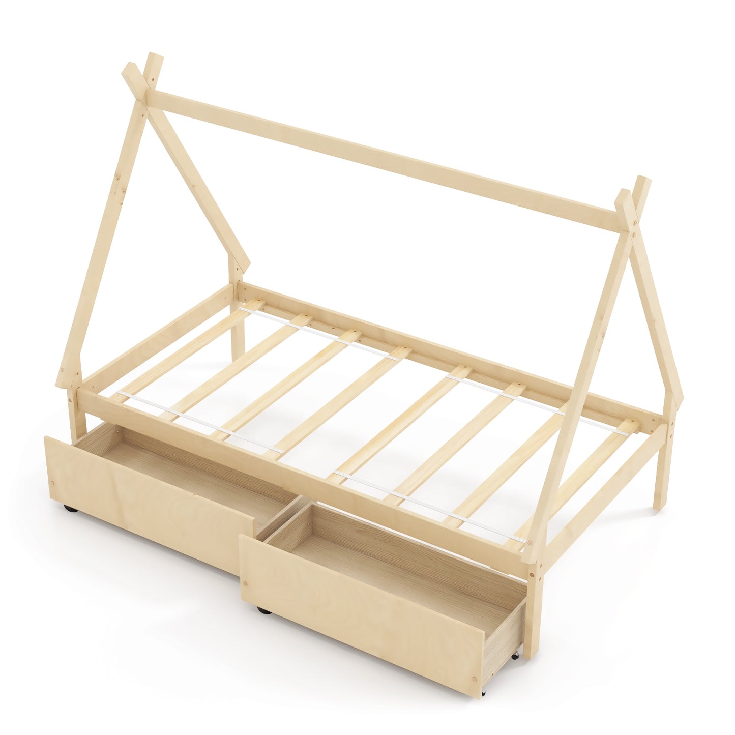Twin Size House Bed Frame for Kids with Roof Design and 2 Storage Drawers, Solid Wood Platform Bed in Natural