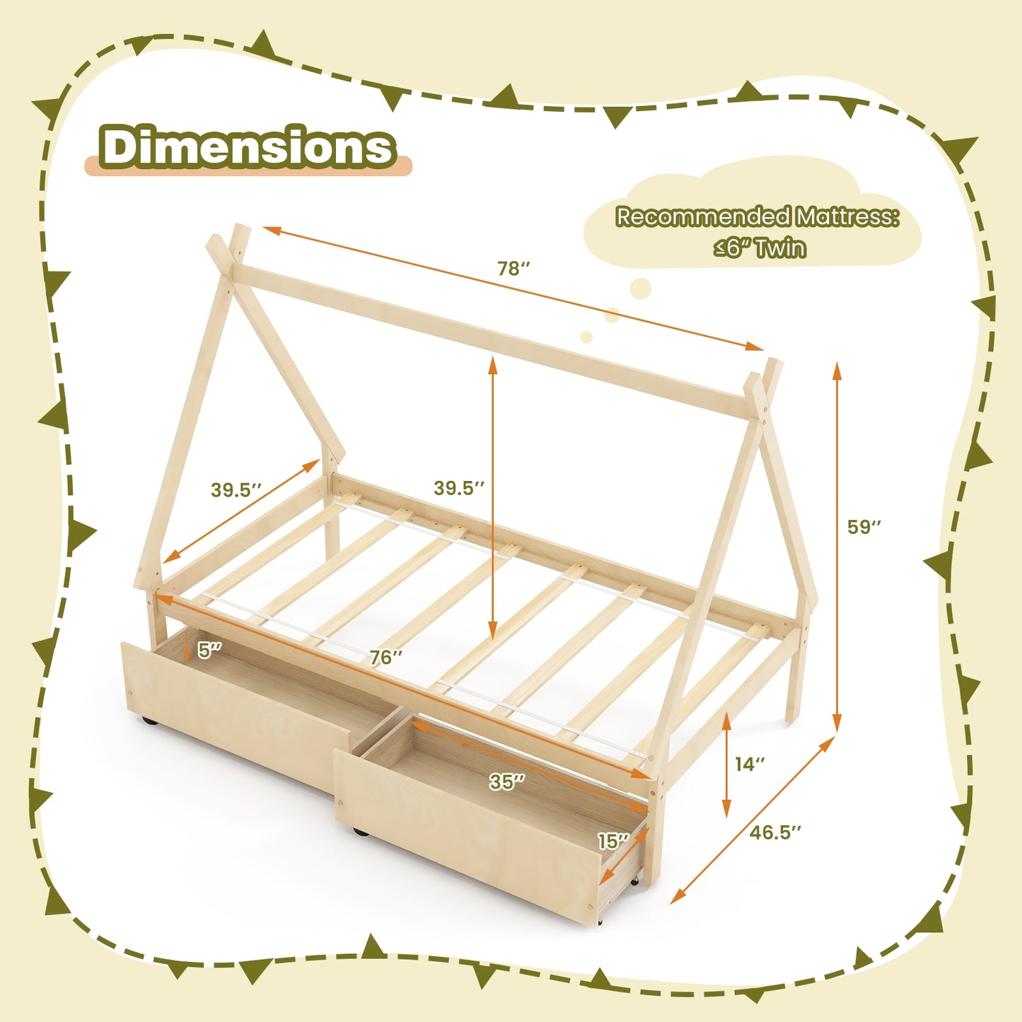 Twin Size House Bed Frame for Kids with Roof Design and 2 Storage Drawers, Solid Wood Platform Bed in Natural