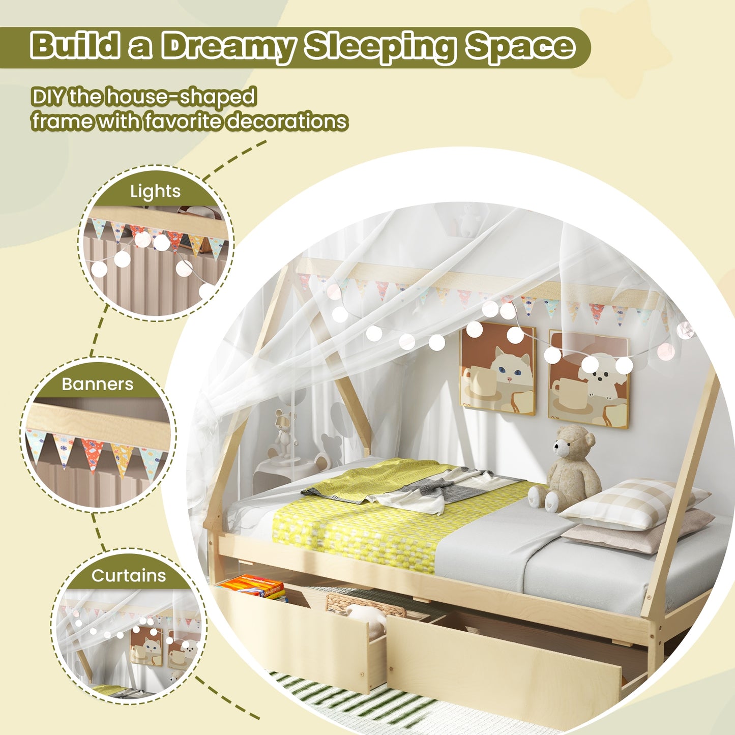 Twin Size House Bed Frame for Kids with Roof Design and 2 Storage Drawers, Solid Wood Platform Bed in Natural