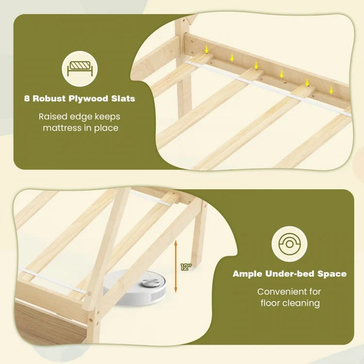 Twin Size House Bed Frame for Kids with Roof Design and 2 Storage Drawers, Solid Wood Platform Bed in Natural