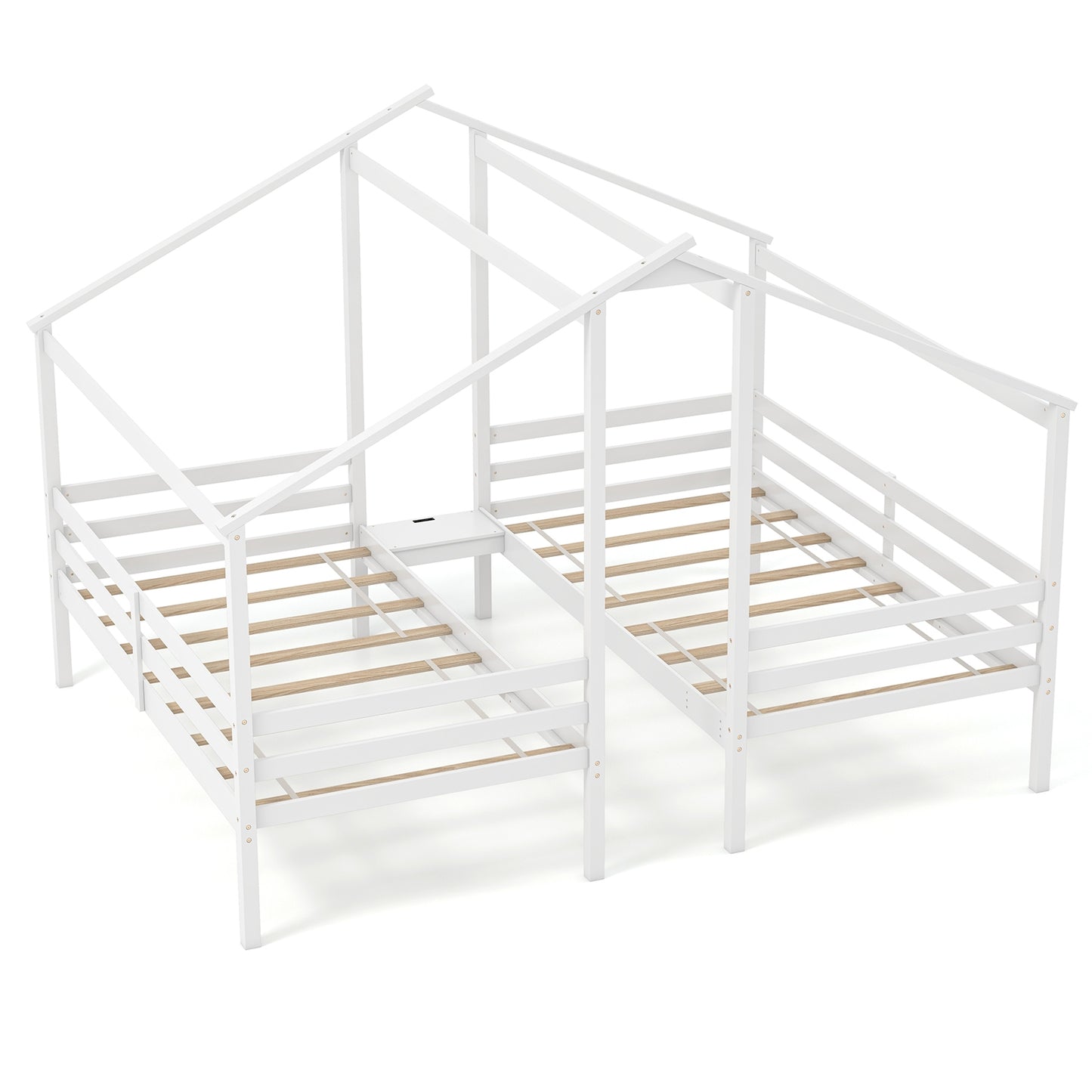 Double Twin Wooden House Bed Frame with Nightstand and Charging Ports for Kids