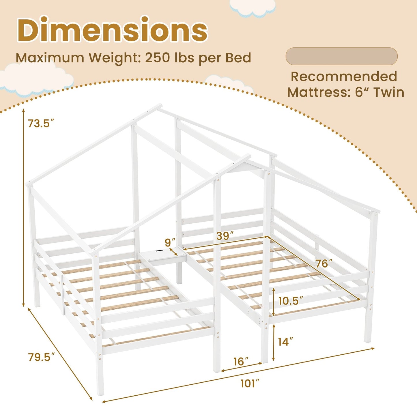 Double Twin Wooden House Bed Frame with Nightstand and Charging Ports for Kids