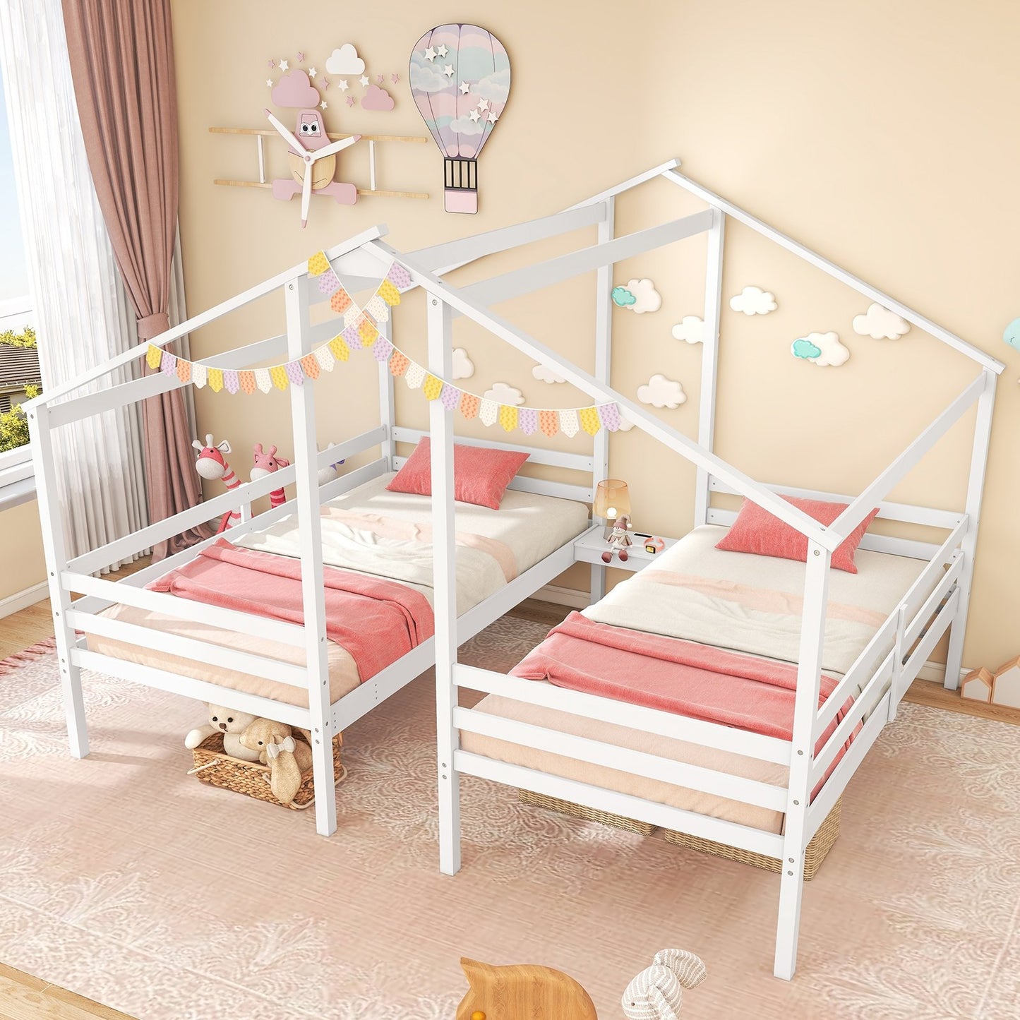 Double Twin Wooden House Bed Frame with Nightstand and Charging Ports for Kids
